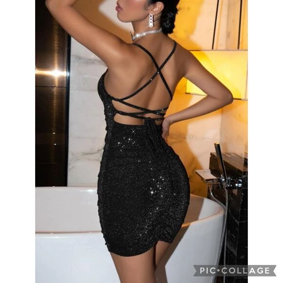 Little Black Glitter Bodycon Criss Cross Tie Backless Dress - Picture 2 of 6